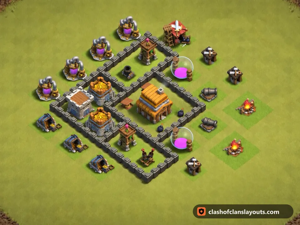 TH4 War Base Layout 33: Clash of Clans Town Hall 4 war base layout, full base picture