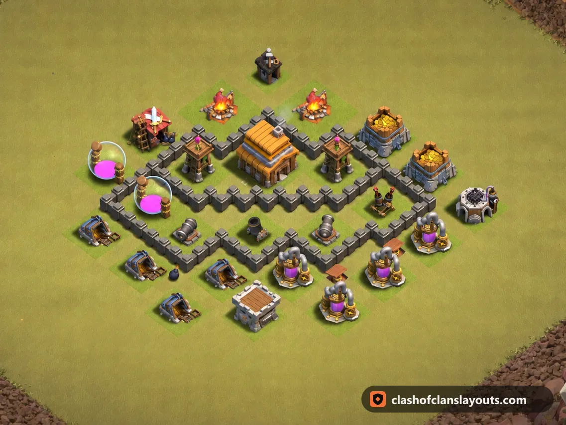 TH4 War Base Layout 34: Clash of Clans Town Hall 4 war base layout, full base picture