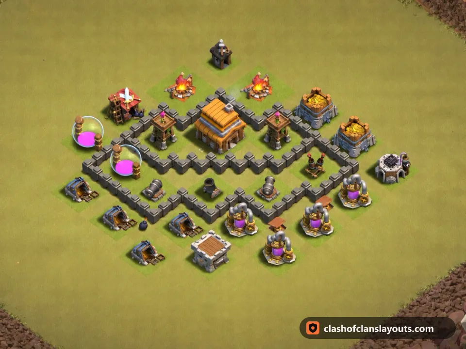 TH4 War Base Layout 34: Clash of Clans Town Hall 4 war base layout, full base picture