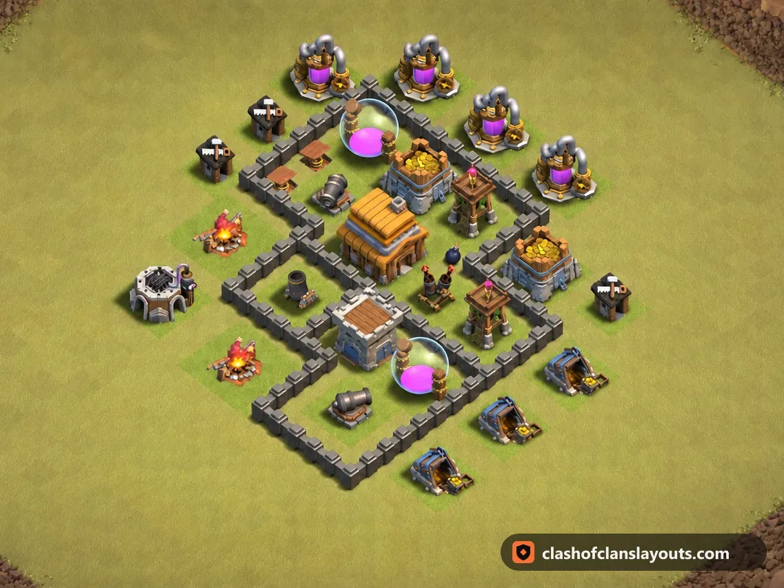 TH4 War Base Layout 35: Clash of Clans Town Hall 4 war base layout, full base picture