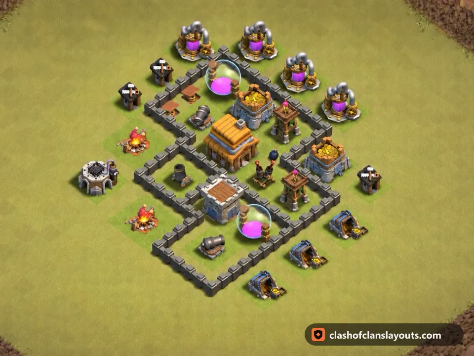 TH4 War Base Layout 35: Clash of Clans Town Hall 4 war base layout, full base picture