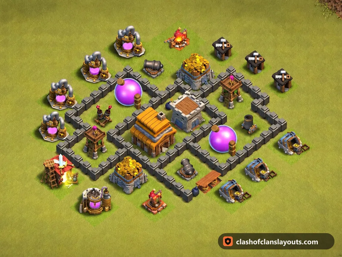 TH4 War Base Layout 36: Clash of Clans Town Hall 4 war base layout, full base picture