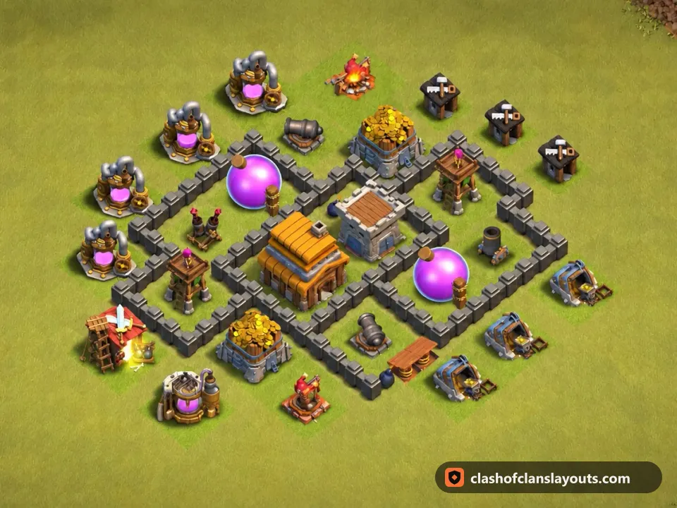 TH4 War Base Layout 36: Clash of Clans Town Hall 4 war base layout, full base picture