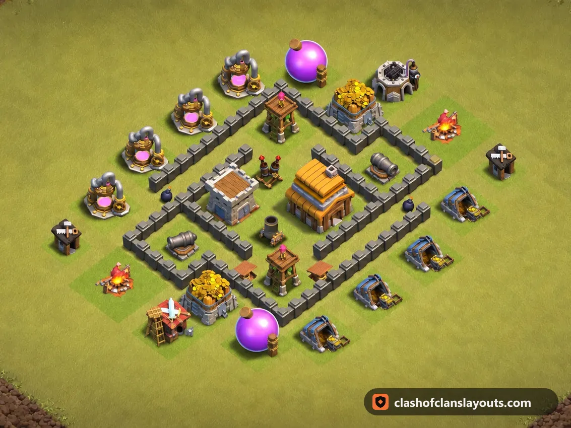 TH4 War Base Layout 37: Clash of Clans Town Hall 4 war base layout, full base picture