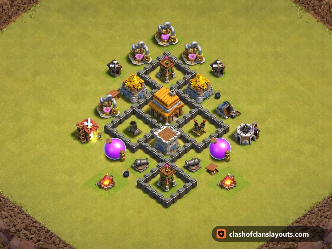 TH4 War Base Layout 38: Clash of Clans Town Hall 4 war base layout, full base picture