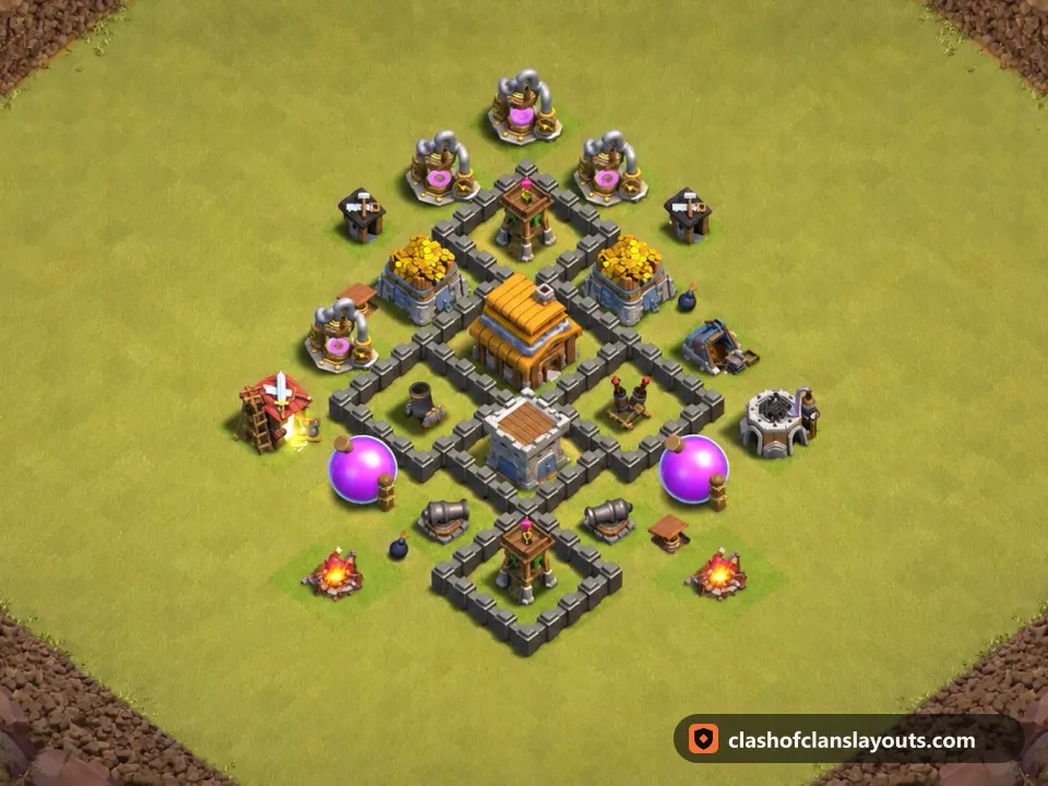 TH4 War Base Layout 38: Clash of Clans Town Hall 4 war base layout, full base picture