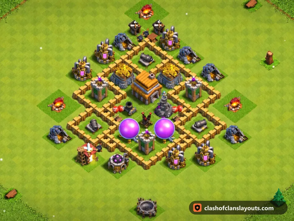 TH5 Farm Base Layout 107: Clash of Clans Town Hall 5 farm base layout, full base picture
