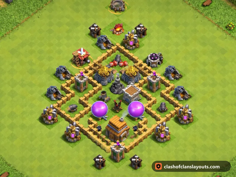 TH5 Farm Base Layout 110: Clash of Clans Town Hall 5 farm base layout, full base picture