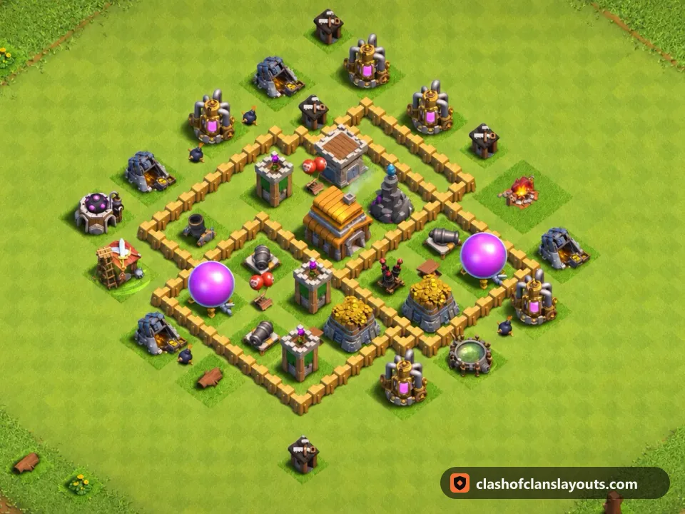 TH5 Farm Base Layout 112: Clash of Clans Town Hall 5 farm base layout, full base picture