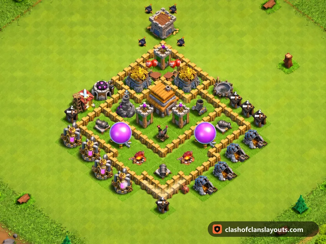 TH5 Farm Base Layout 115: Clash of Clans Town Hall 5 farm base layout, full base picture