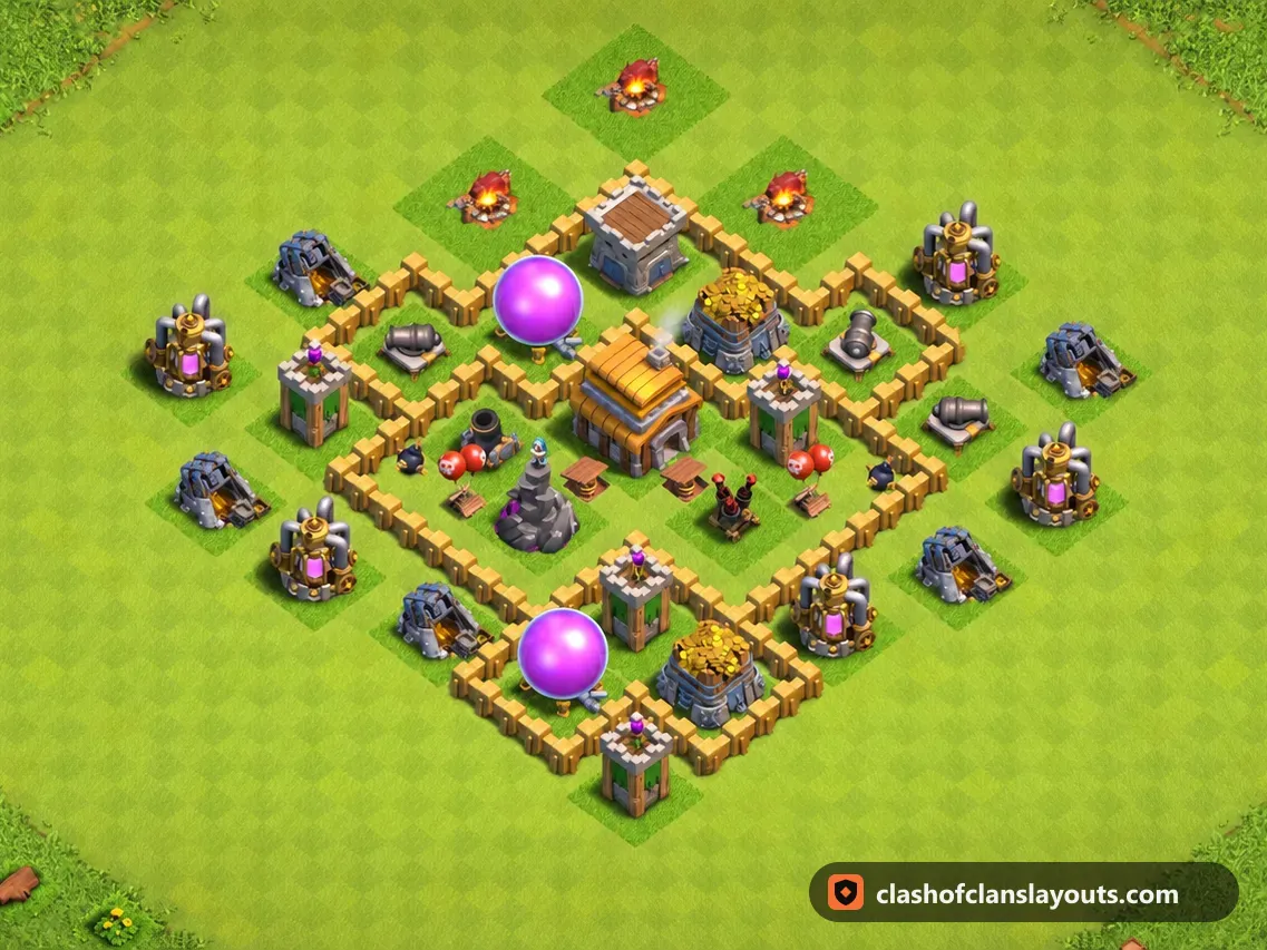 TH5 Farm Base Layout 117: Clash of Clans Town Hall 5 farm base layout, full base picture