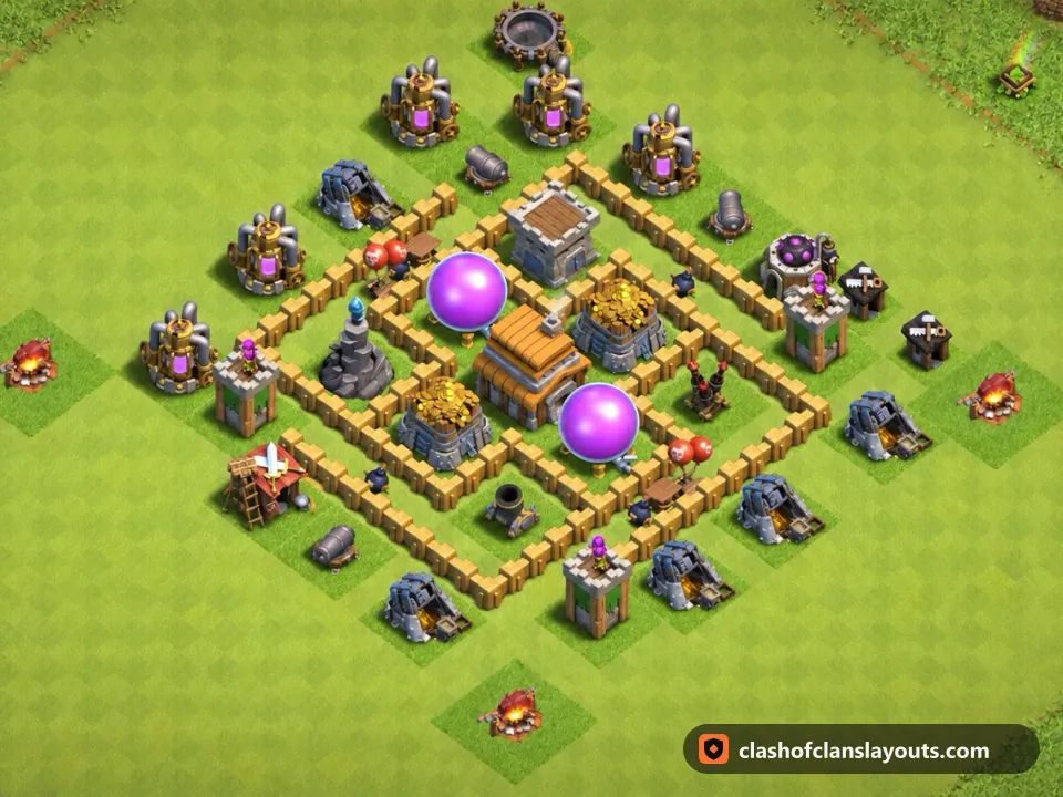 TH5 Hybrid Base Layout 101: Clash of Clans Town Hall 5 hybrid base layout, full base picture