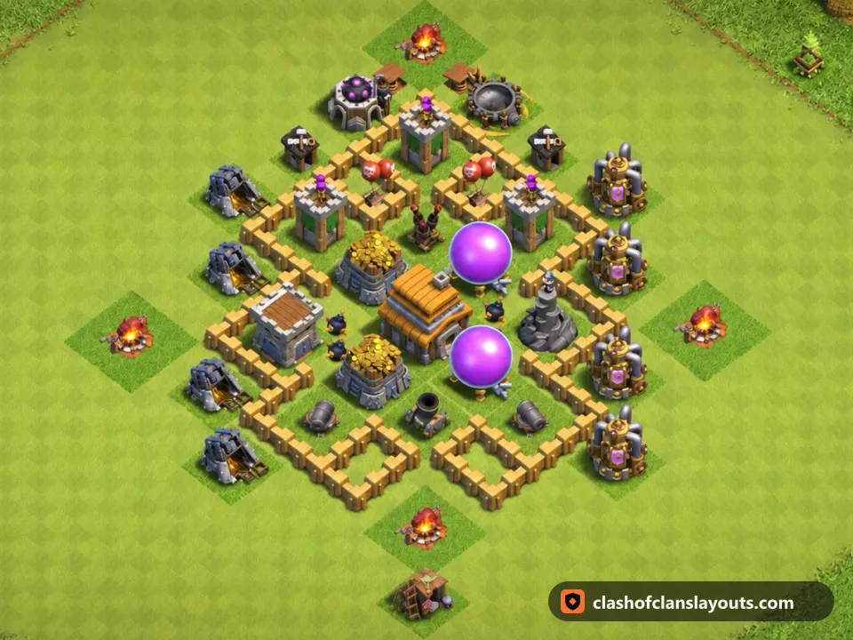 TH5 Hybrid Base Layout 102: Clash of Clans Town Hall 5 hybrid base layout, full base picture