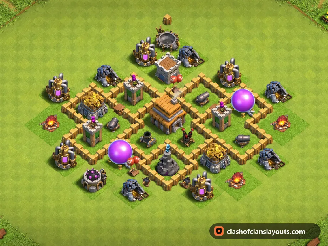 TH5 Hybrid Base Layout 103: Clash of Clans Town Hall 5 hybrid base layout, full base picture