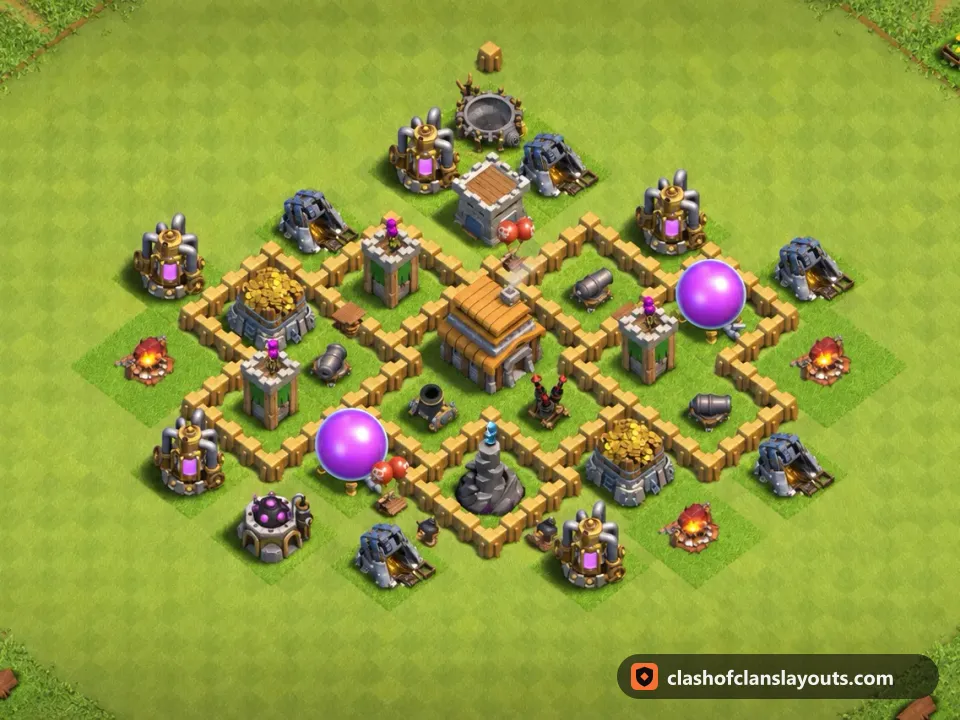 TH5 Hybrid Base Layout 103: Clash of Clans Town Hall 5 hybrid base layout, full base picture