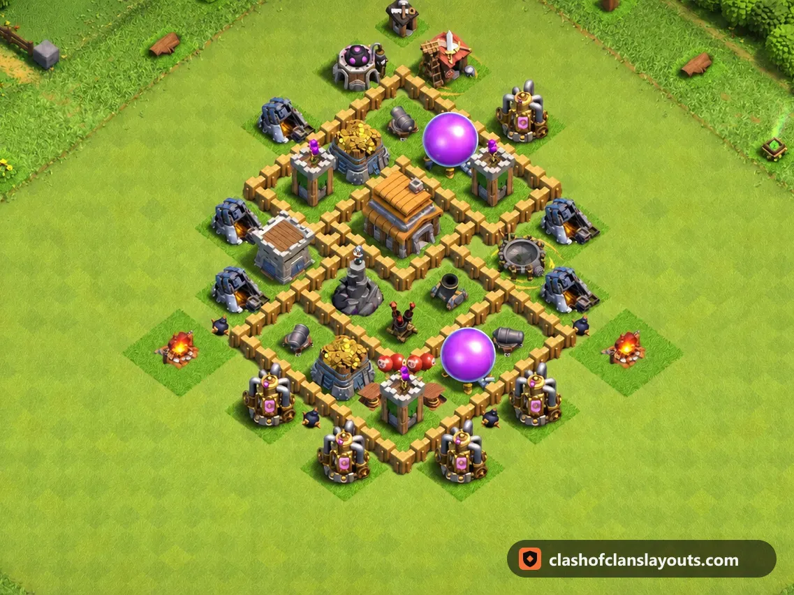 TH5 Hybrid Base Layout 104: Clash of Clans Town Hall 5 hybrid base layout, full base picture
