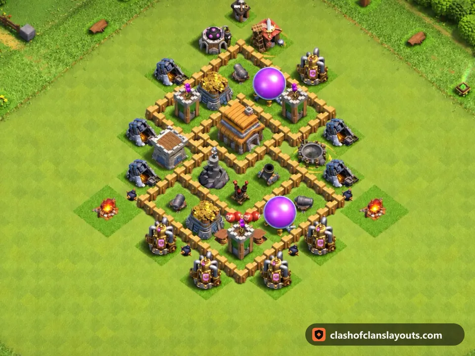 TH5 Hybrid Base Layout 104: Clash of Clans Town Hall 5 hybrid base layout, full base picture