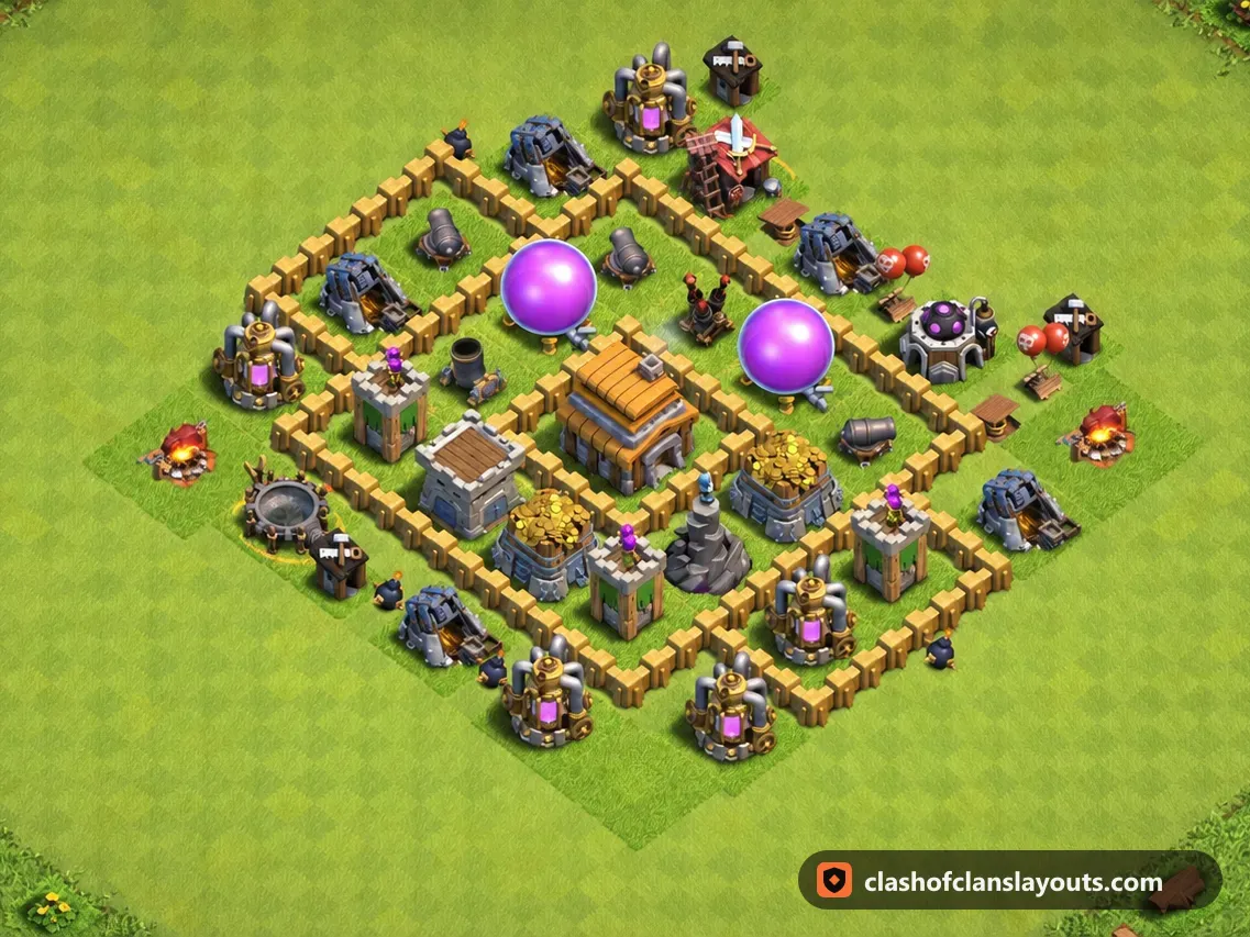 TH5 Hybrid Base Layout 105: Clash of Clans Town Hall 5 hybrid base layout, full base picture
