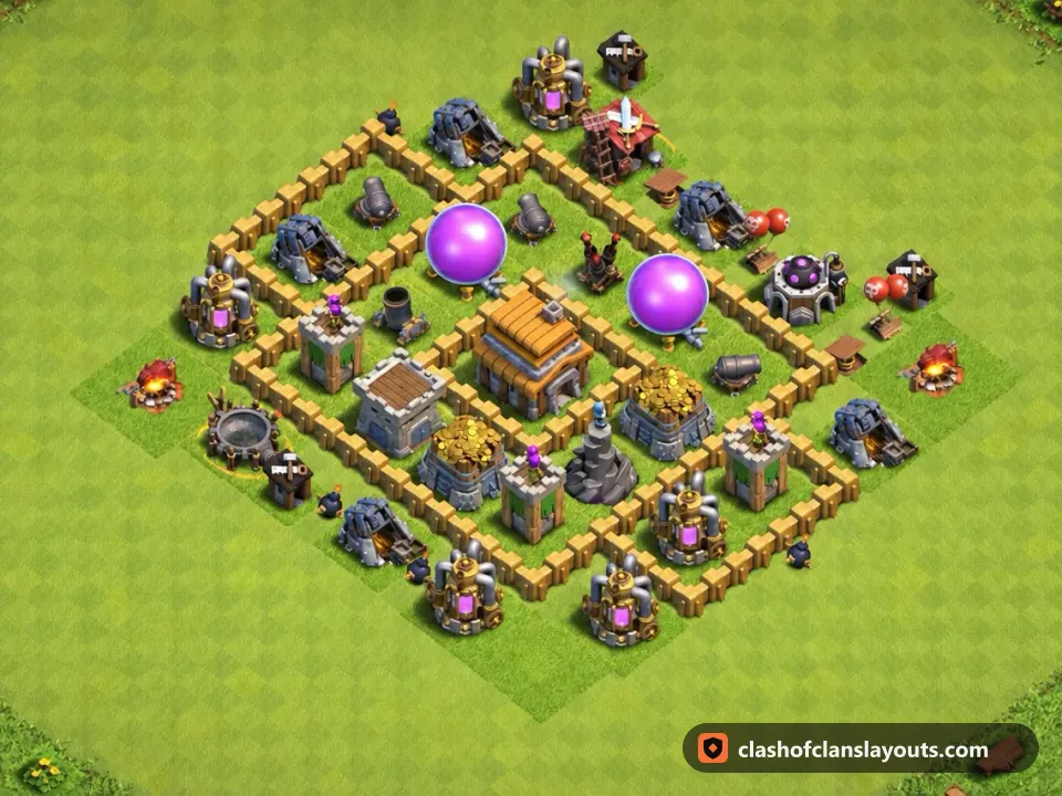 TH5 Hybrid Base Layout 105: Clash of Clans Town Hall 5 hybrid base layout, full base picture