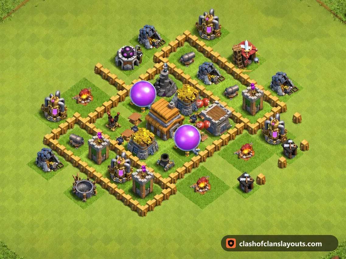 TH5 Hybrid Base Layout 106: Clash of Clans Town Hall 5 hybrid base layout, full base picture