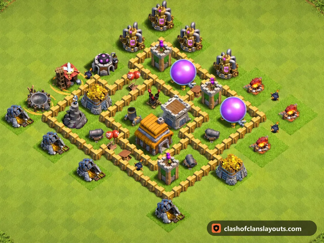TH5 Trophy Base Layout 134: Clash of Clans Town Hall 5 trophy base layout, full base picture
