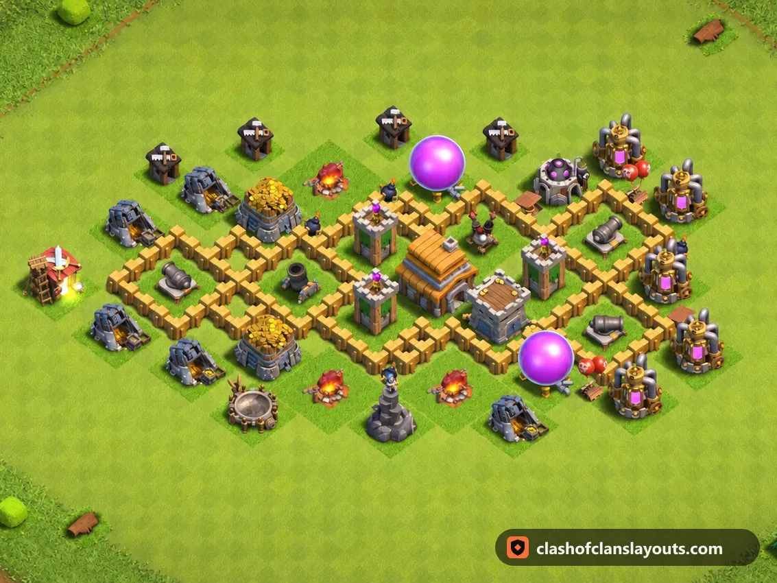 TH5 Trophy Base Layout 135: Clash of Clans Town Hall 5 trophy base layout, full base picture