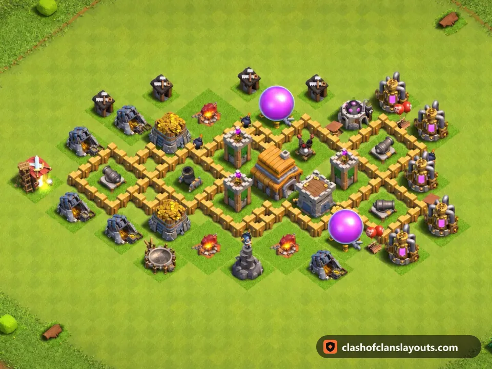 TH5 Trophy Base Layout 135: Clash of Clans Town Hall 5 trophy base layout, full base picture