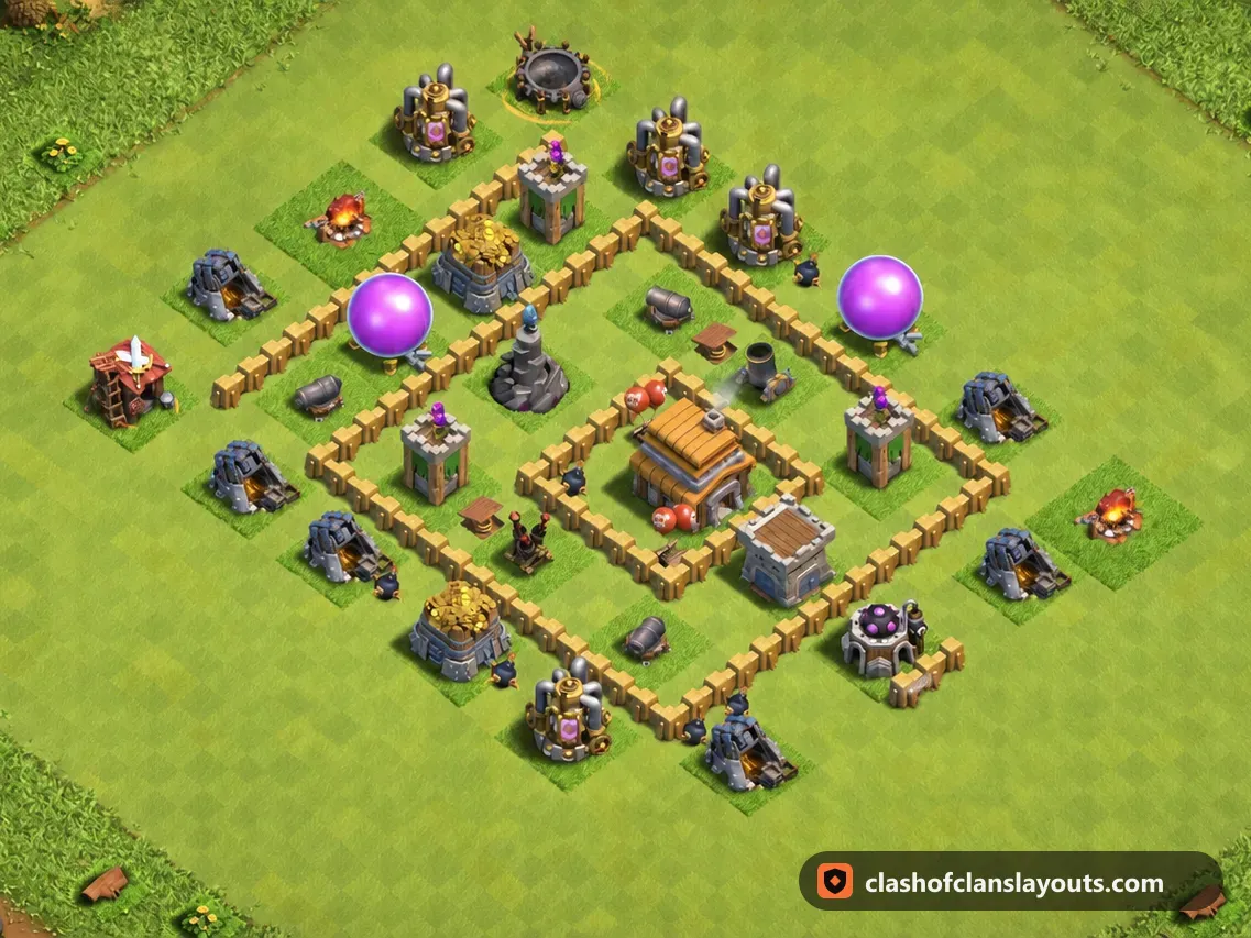 TH5 Trophy Base Layout 136: Clash of Clans Town Hall 5 trophy base layout, full base picture
