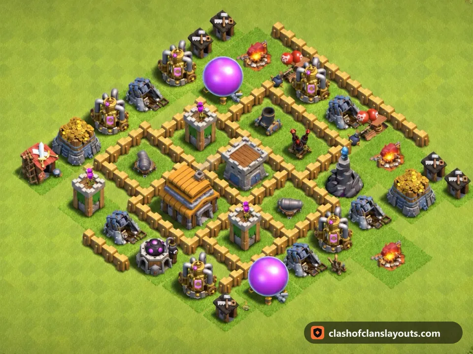 TH5 Trophy Base Layout 137: Clash of Clans Town Hall 5 trophy base layout, full base picture