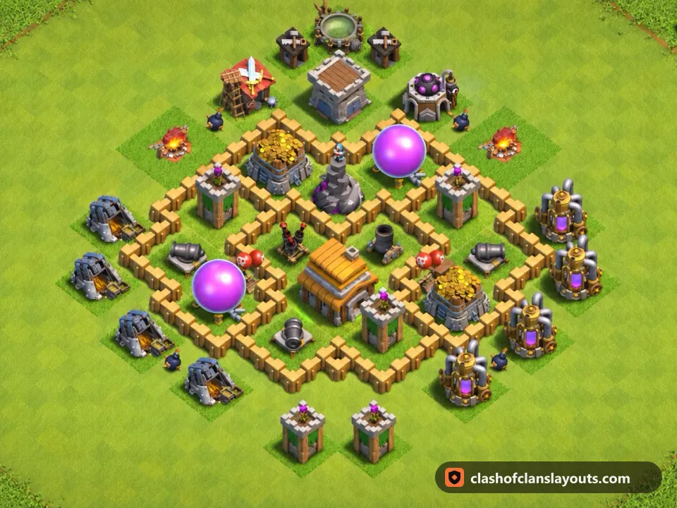 TH5 Trophy Base Layout 141: Clash of Clans Town Hall 5 trophy base layout, full base picture