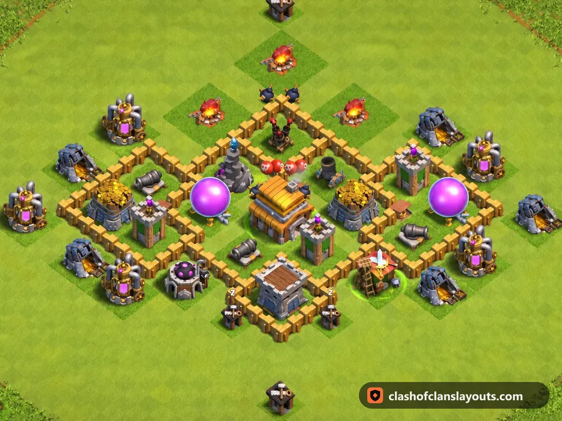 Base de Troféus TH5 142: layout de base de troféus de Clash of Clans para Centro de Vila 5, imagem completa da base