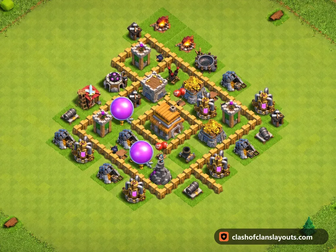 Trophäenbase TH5 143: Clash of Clans Trophäenbase für Rathaus 5, komplettes Bild der Base
