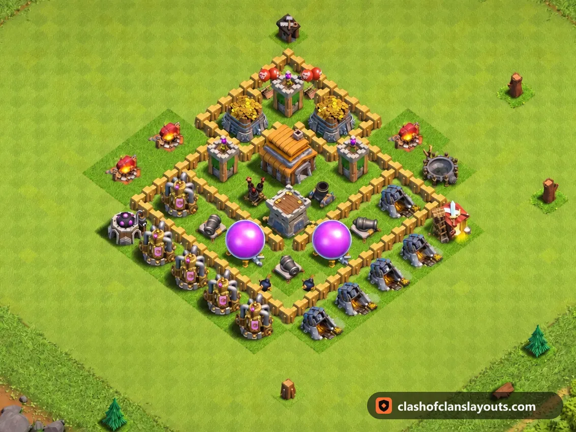 Trophäenbase TH5 144: Clash of Clans Trophäenbase für Rathaus 5, komplettes Bild der Base