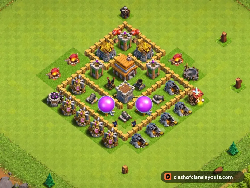 TH5 Trophy Base Layout 144: Clash of Clans Town Hall 5 trophy base layout, full base picture