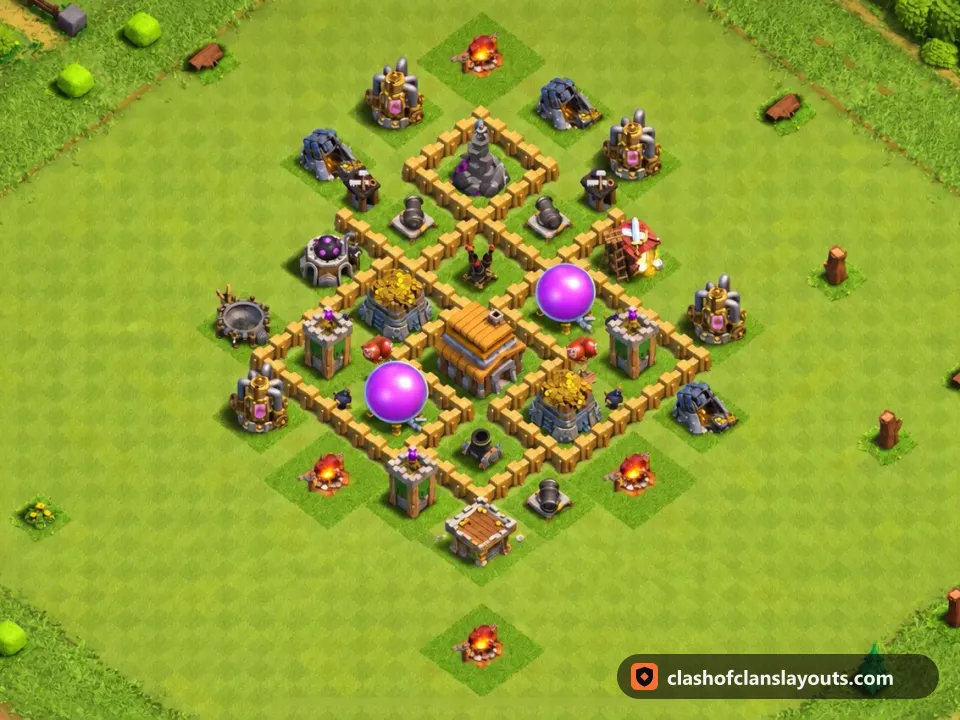 TH5 Trophy Base Layout 145: Clash of Clans Town Hall 5 trophy base layout, full base picture