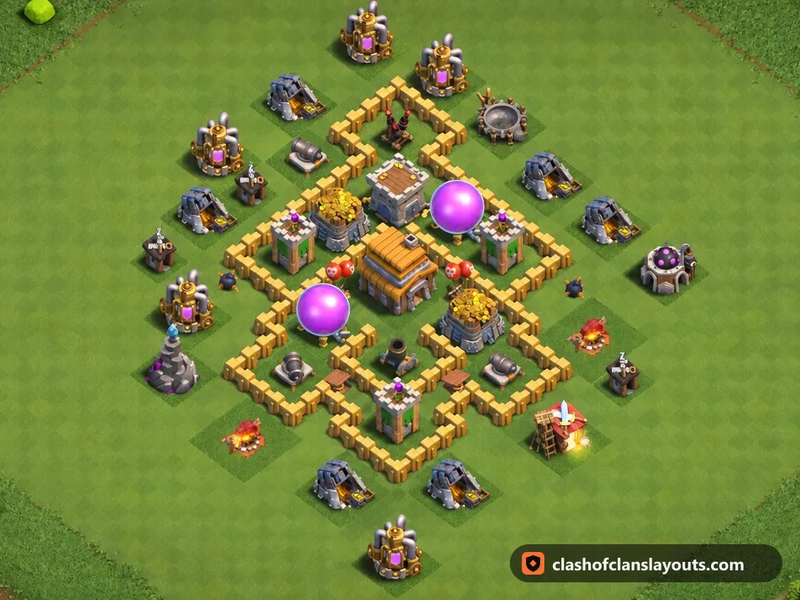 Base de Troféus TH5 147: layout de base de troféus de Clash of Clans para Centro de Vila 5, imagem completa da base