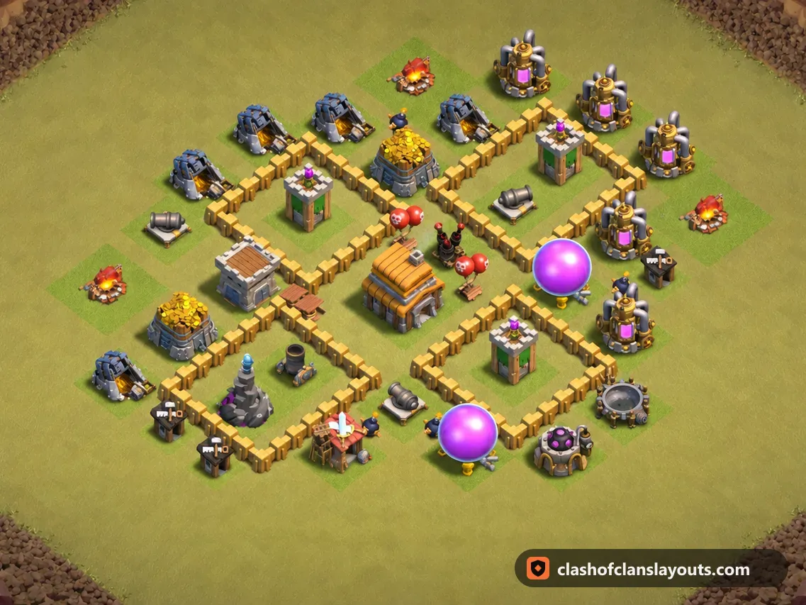 TH5 War Base Layout 41: Clash of Clans Town Hall 5 war base layout, full base picture