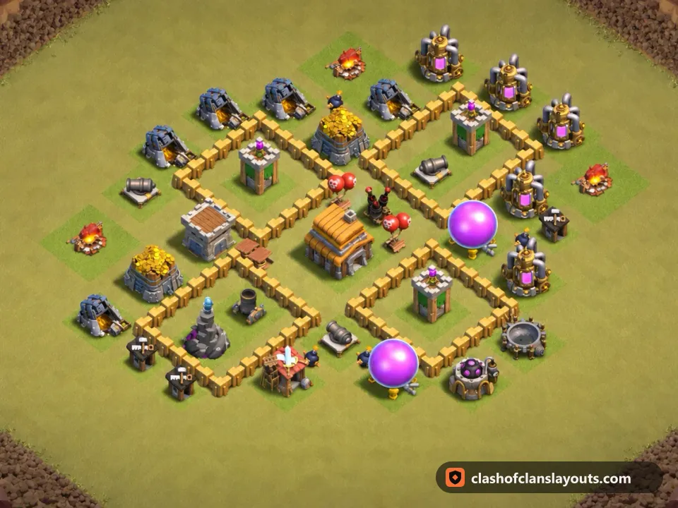 TH5 War Base Layout 41: Clash of Clans Town Hall 5 war base layout, full base picture