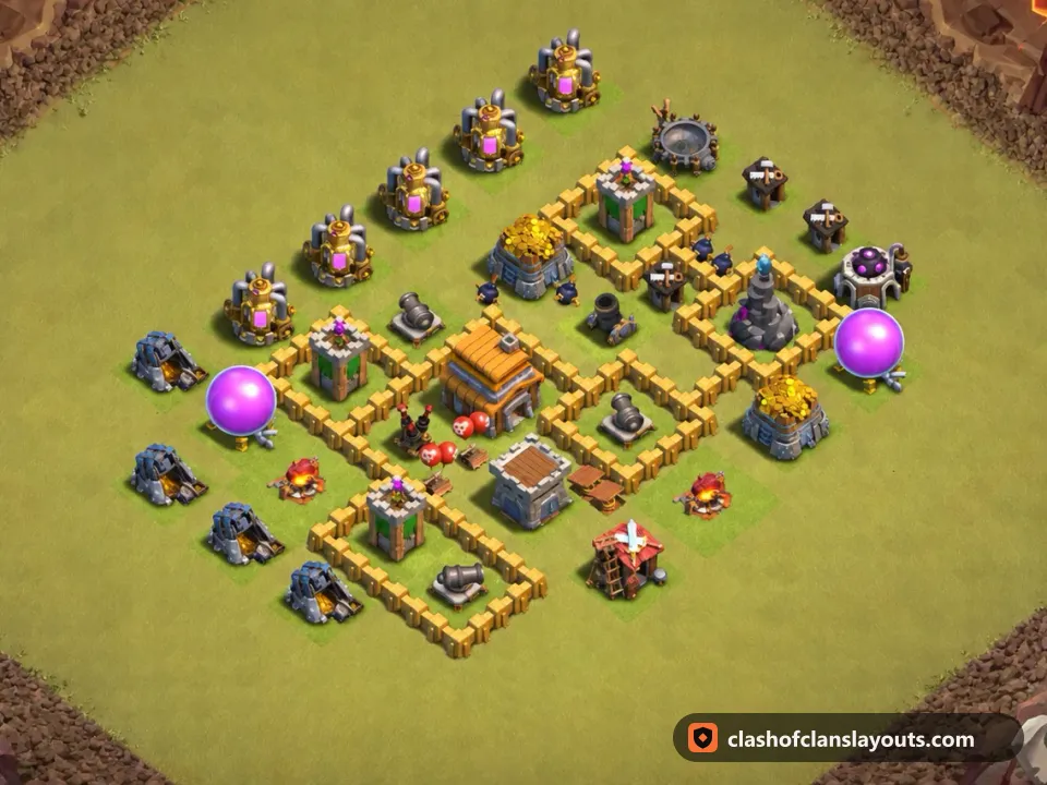 TH5 War Base Layout 42: Clash of Clans Town Hall 5 war base layout, full base picture