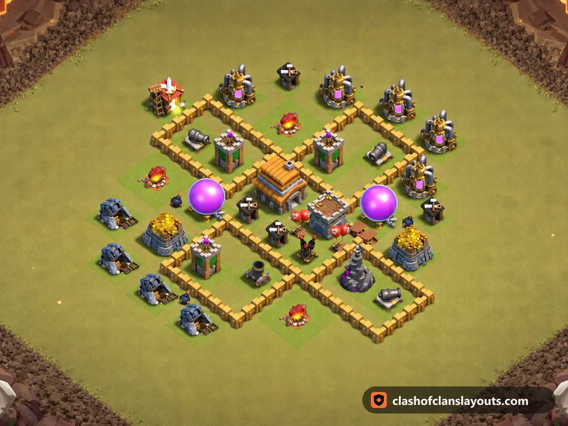 TH5 War Base Layout 43: Clash of Clans Town Hall 5 war base layout, full base picture
