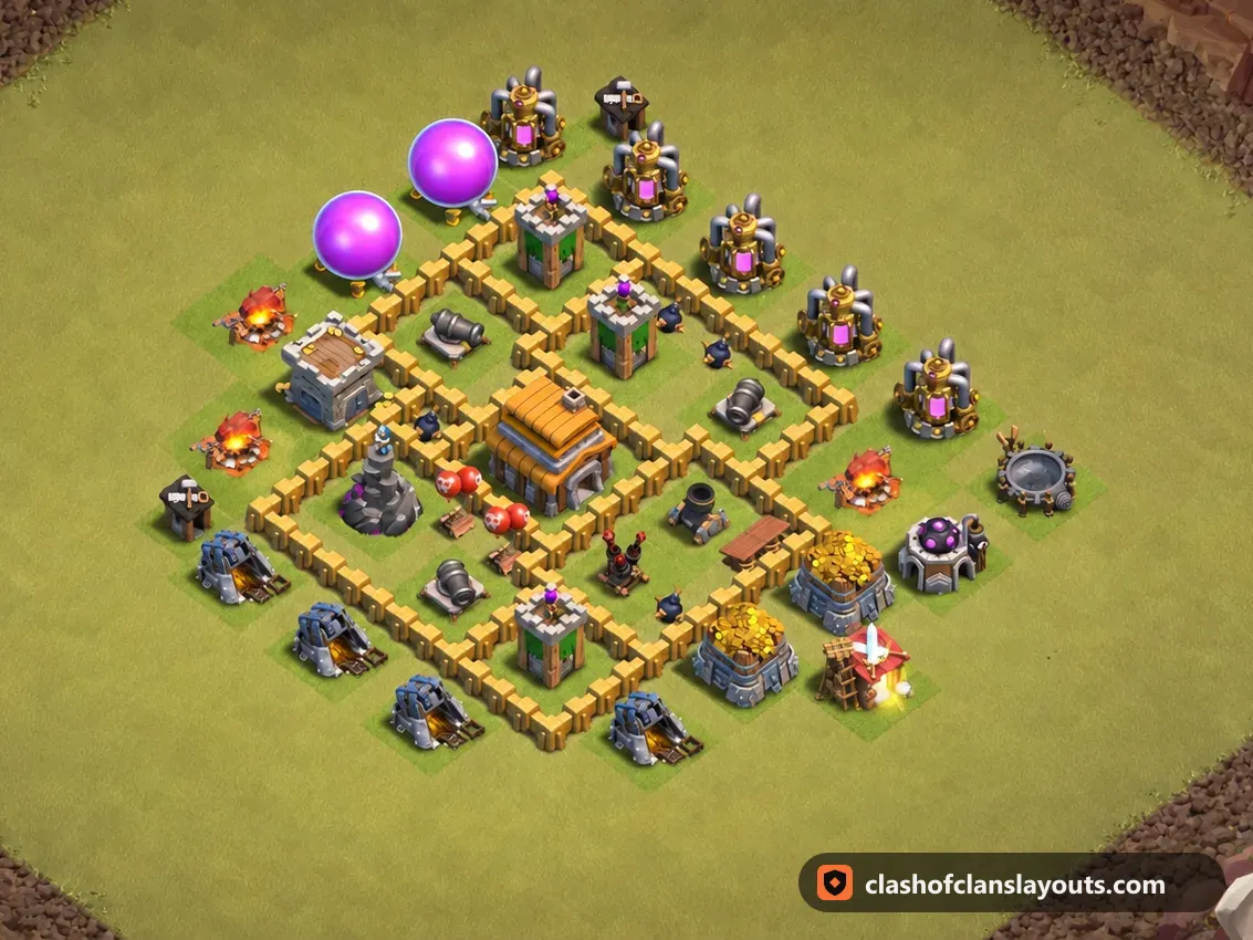 TH5 War Base Layout 44: Clash of Clans Town Hall 5 war base layout, full base picture