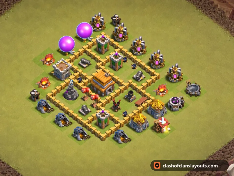 TH5 War Base Layout 44: Clash of Clans Town Hall 5 war base layout, full base picture