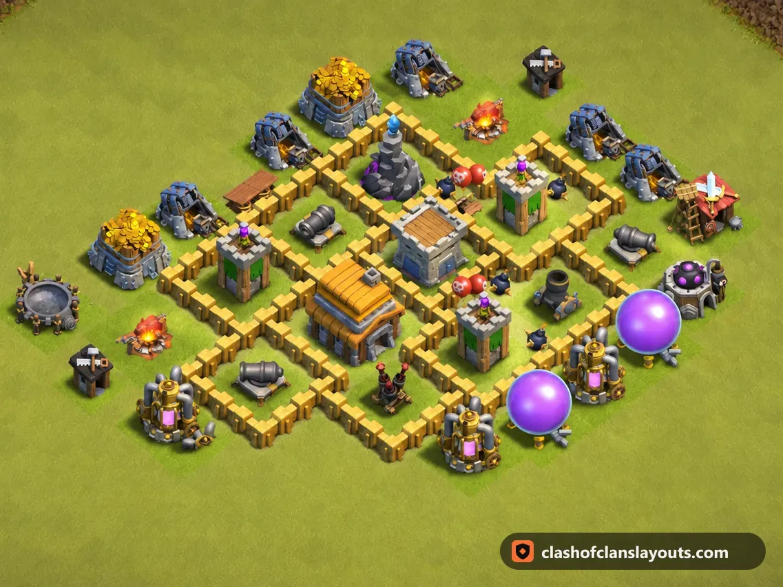 TH5 War Base Layout 45: Clash of Clans Town Hall 5 war base layout, full base picture