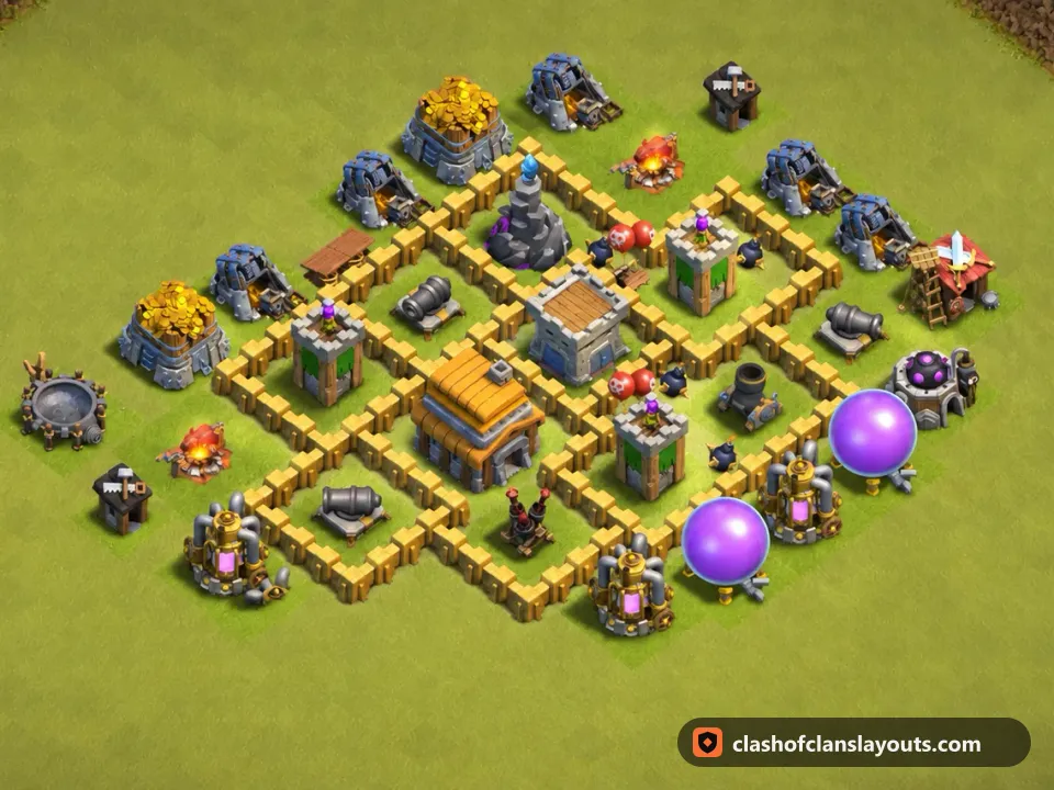 TH5 War Base Layout 45: Clash of Clans Town Hall 5 war base layout, full base picture