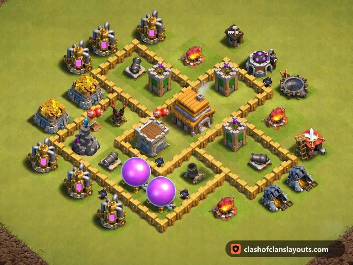TH5 War Base Layout 46: Clash of Clans Town Hall 5 war base layout, full base picture