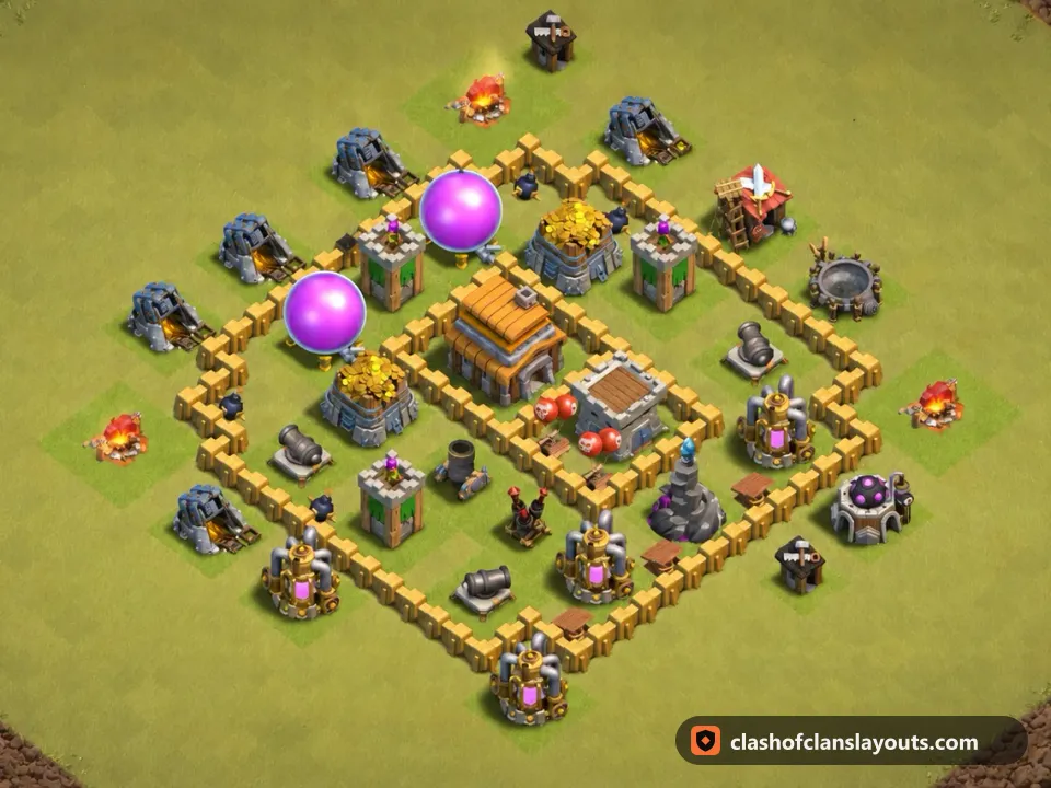 TH5 War Base Layout 47: Clash of Clans Town Hall 5 war base layout, full base picture