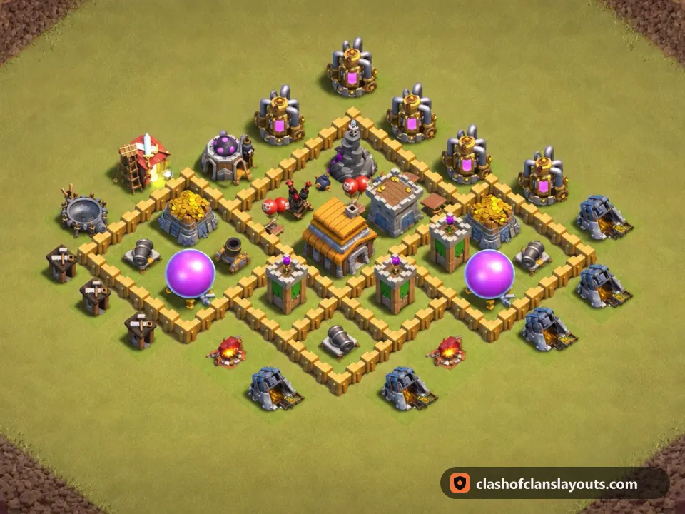 TH5 War Base Layout 48: Clash of Clans Town Hall 5 war base layout, full base picture