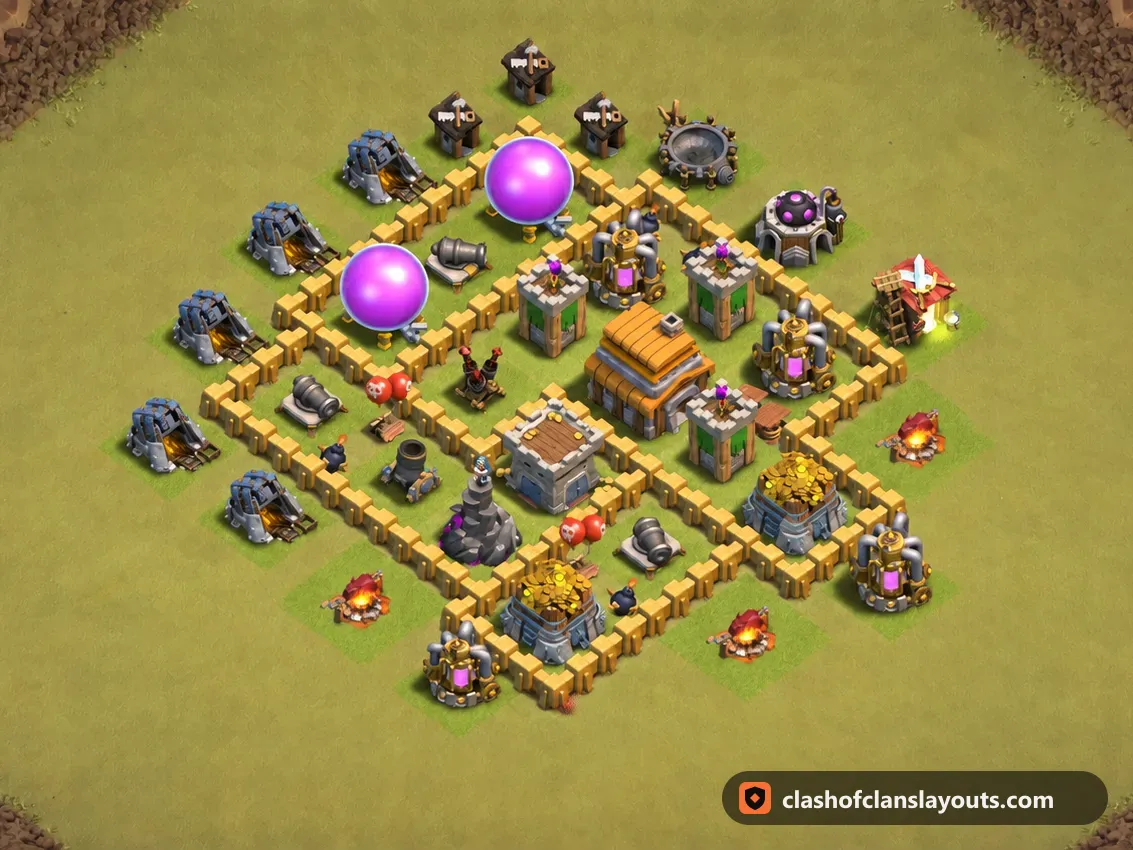 TH5 War Base Layout 49: Clash of Clans Town Hall 5 war base layout, full base picture