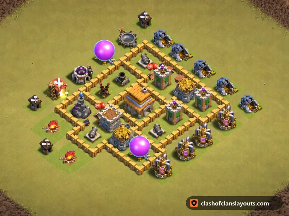 TH5 War Base Layout 51: Clash of Clans Town Hall 5 war base layout, full base picture