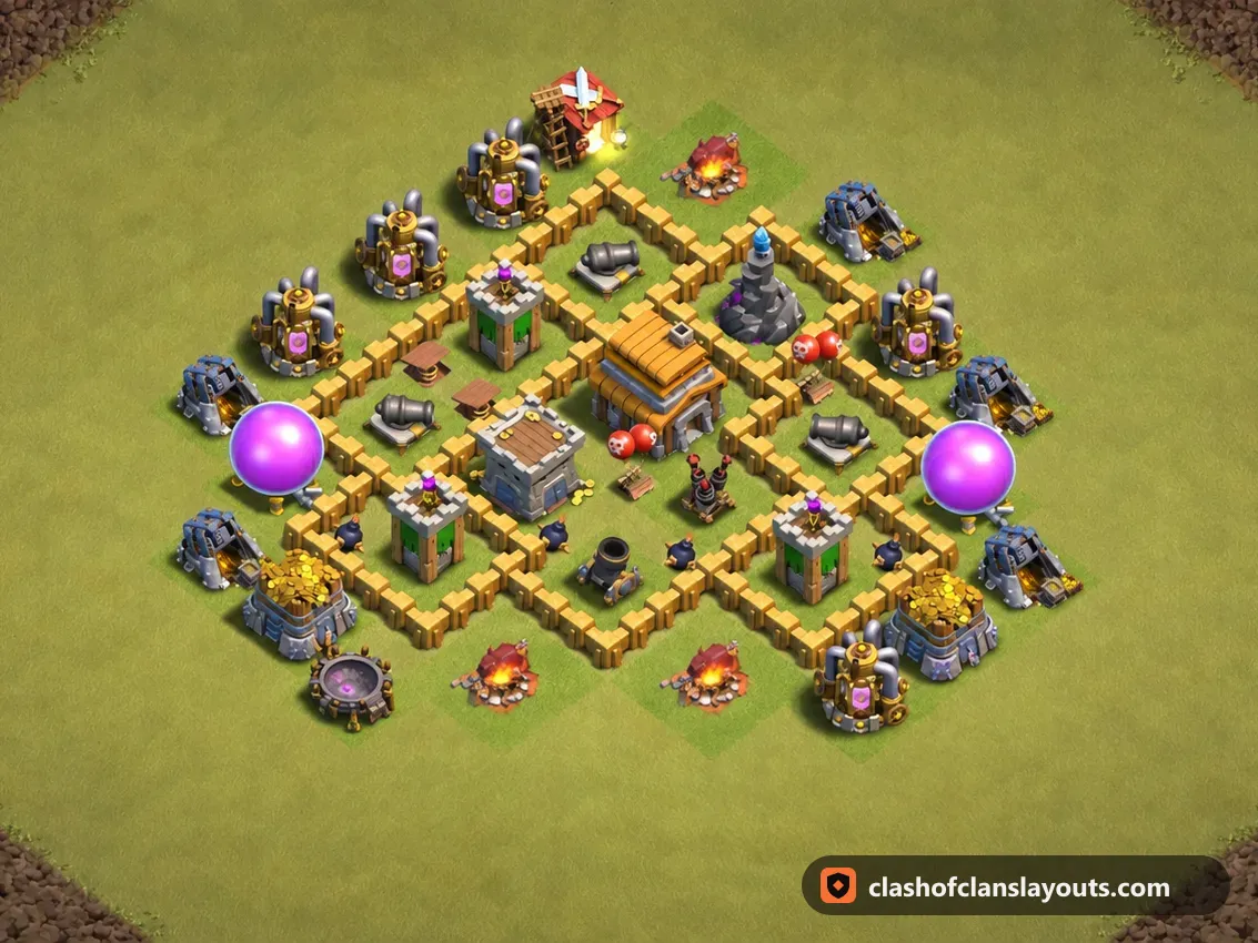 TH5 War Base Layout 52: Clash of Clans Town Hall 5 war base layout, full base picture